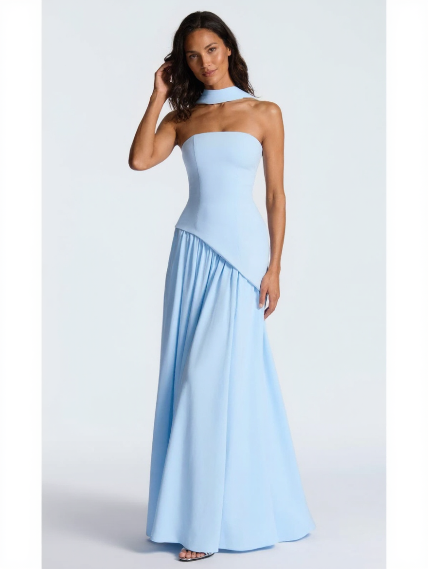 Strapless draped maxi dress with side slit, view 22