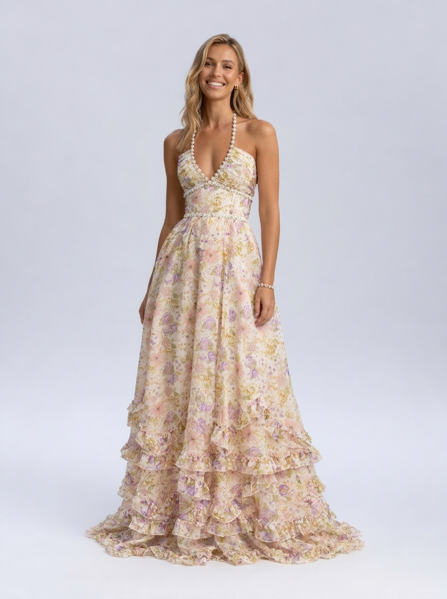 Pearl-trim floral maxi dress with side slit, view 13