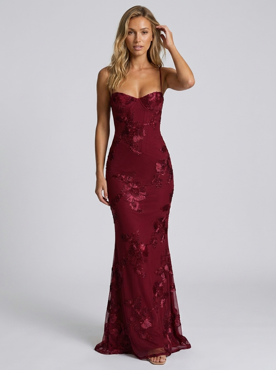 Floral appliqué mesh corset maxi dress, view 7