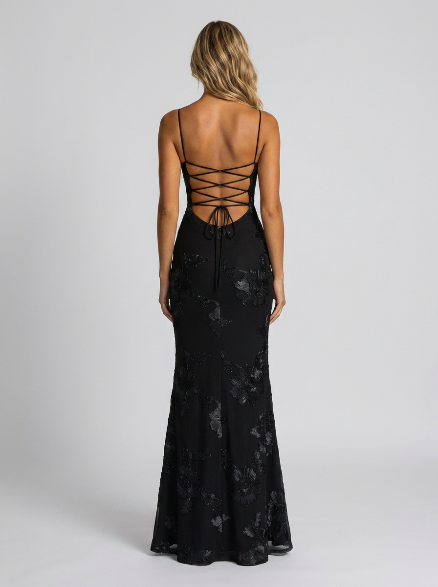 Floral appliqué mesh corset maxi dress, view 6