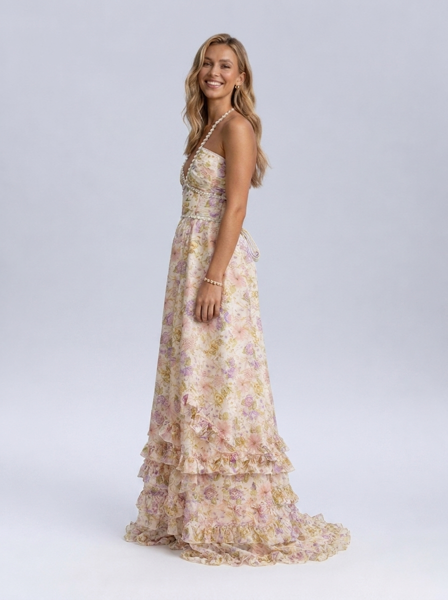 Pearl-trim floral maxi dress with side slit, view 14