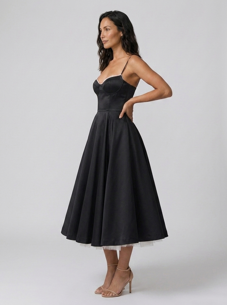 Satin corset midi dress with tulle petticoat, view 11
