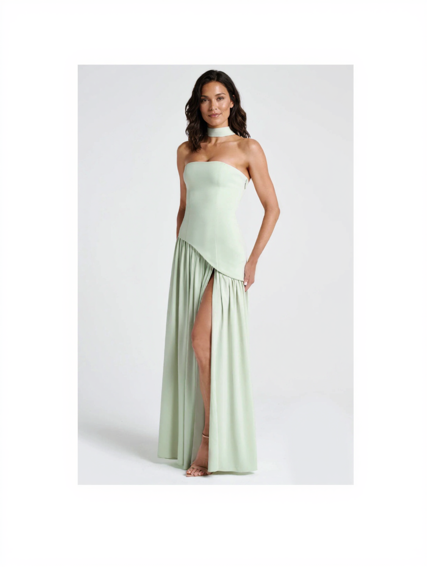 Strapless draped maxi dress with side slit, view 18