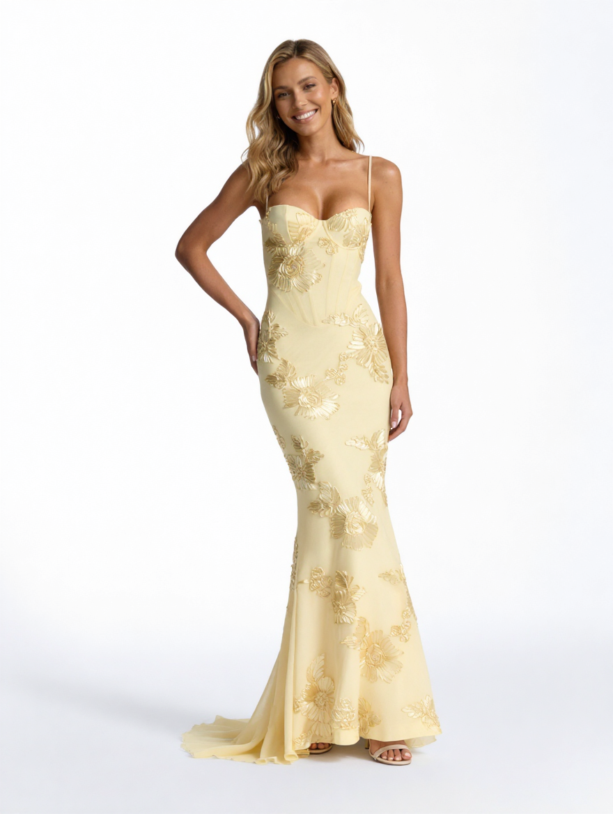 Floral appliqué mesh corset maxi dress, view 13