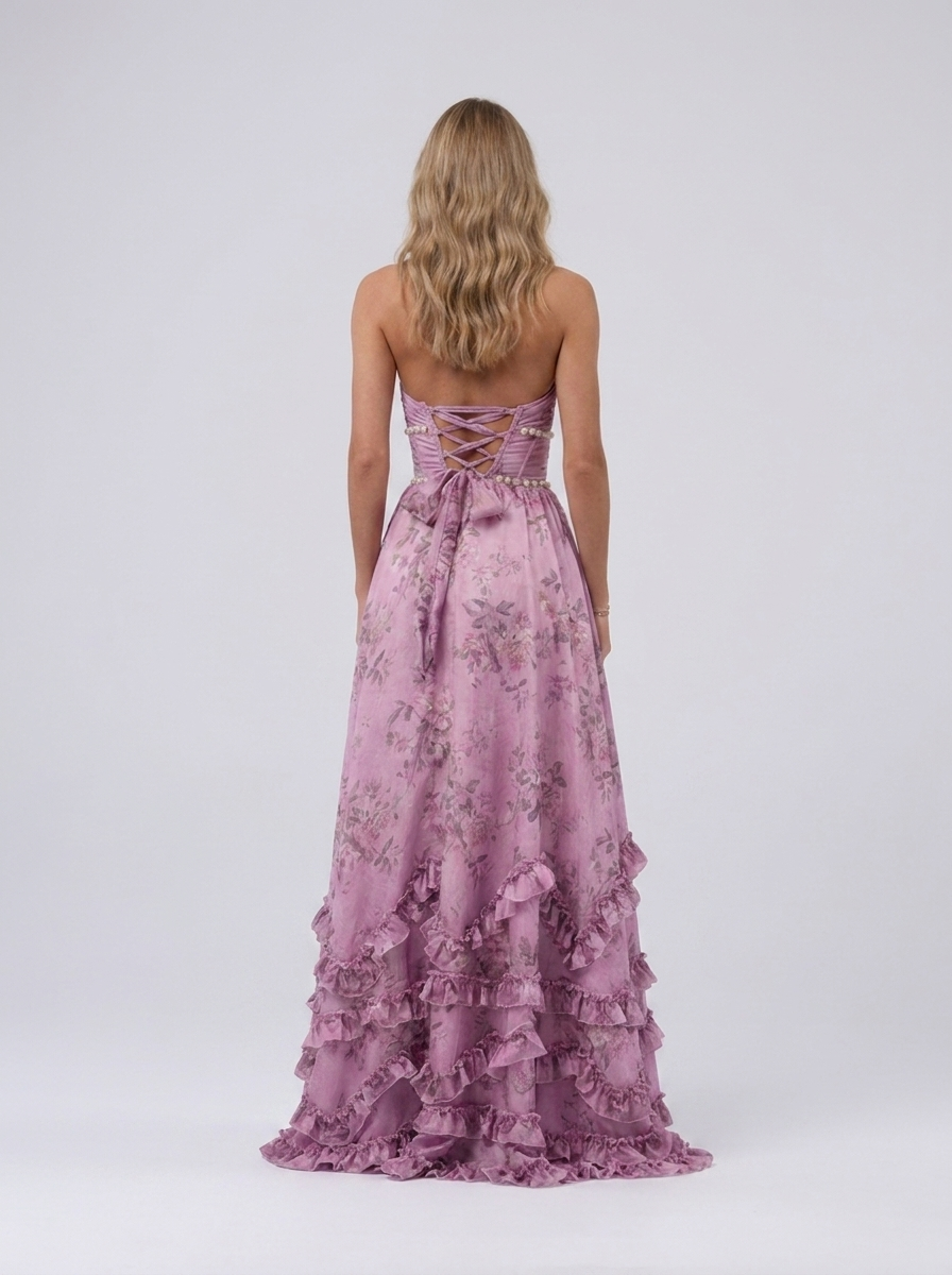 Pearl-trim floral maxi dress with side slit, view 33