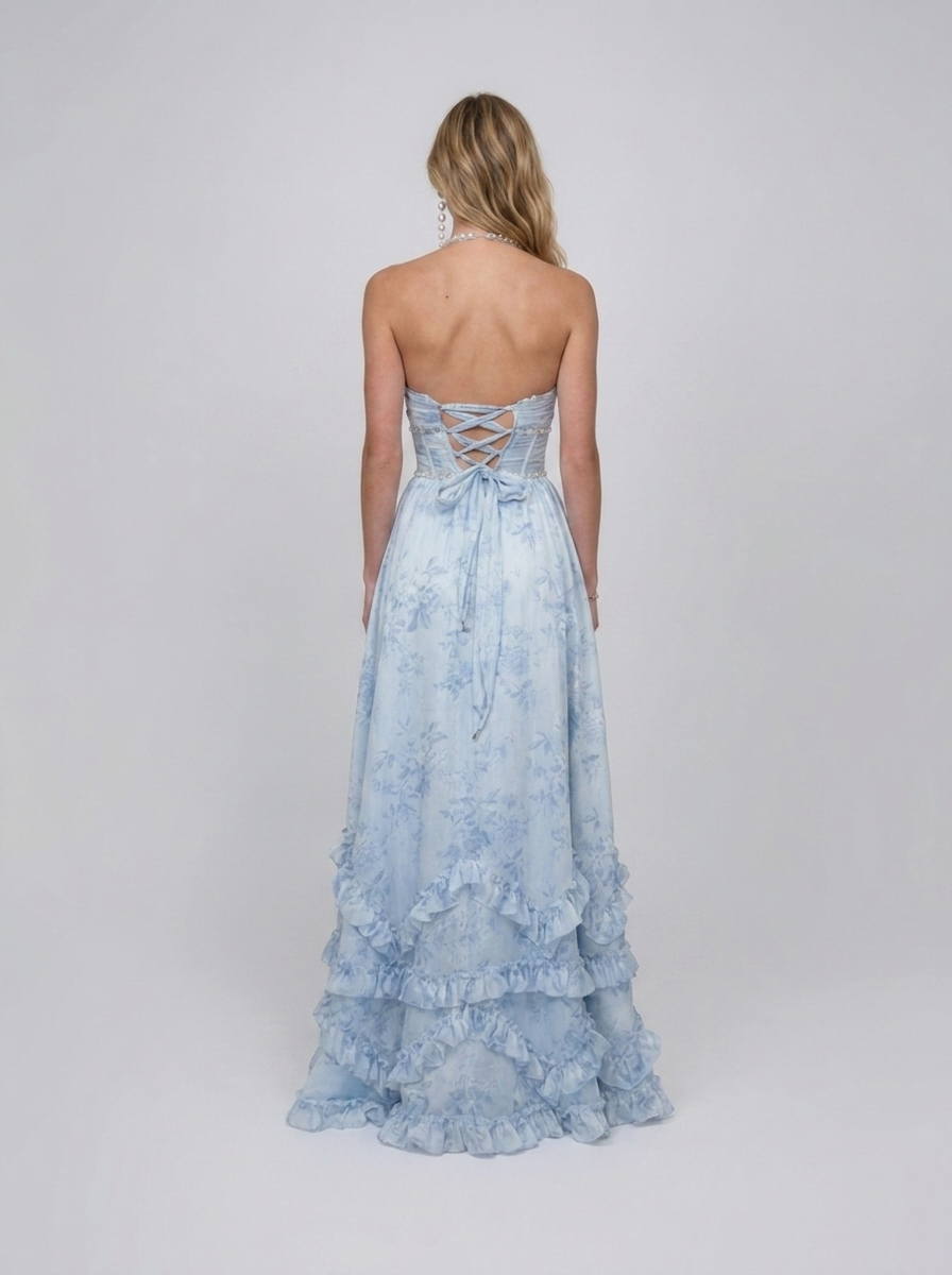 Pearl-trim floral maxi dress with side slit, view 3