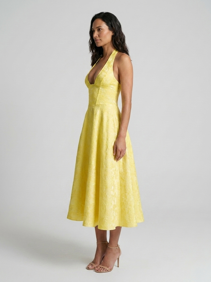 Floral jacquard halter midi dress with tulle skirt, view 14