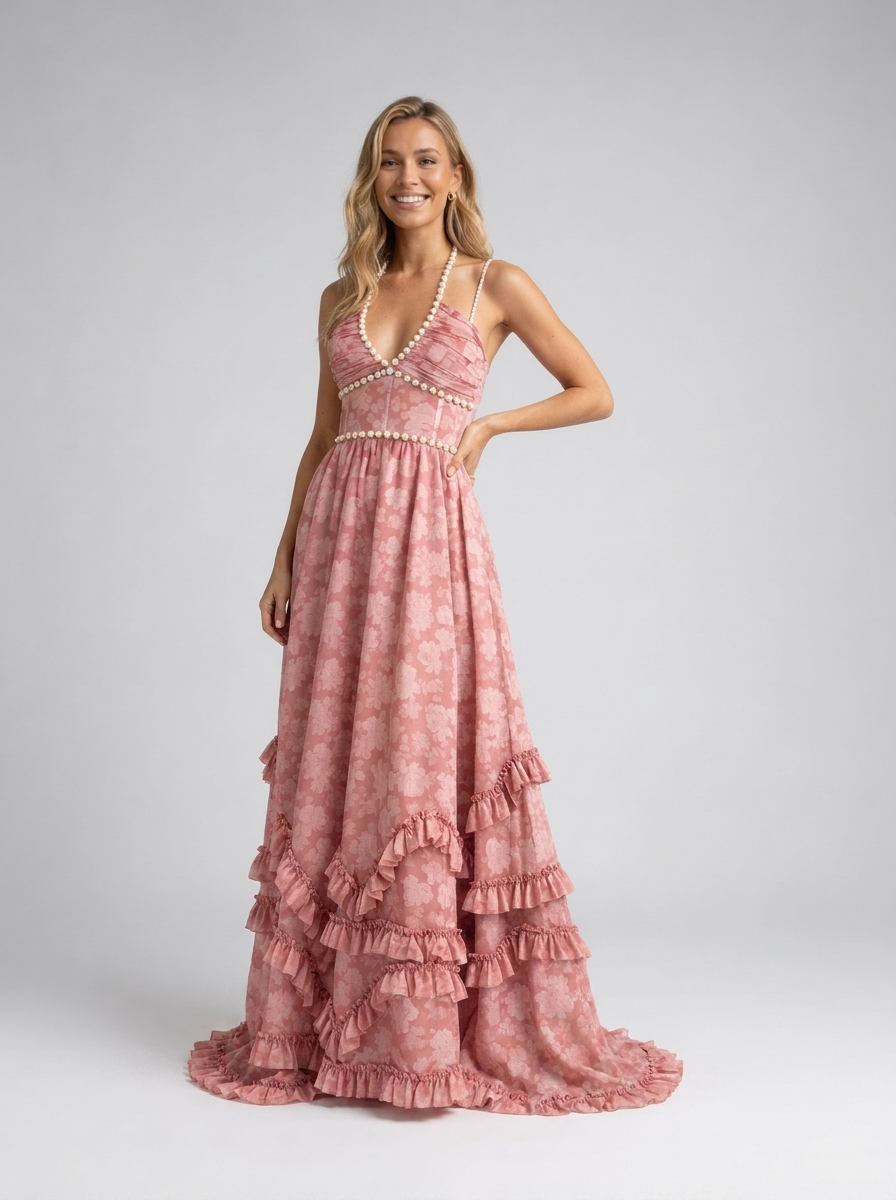 Pearl-trim floral maxi dress with side slit, view 19