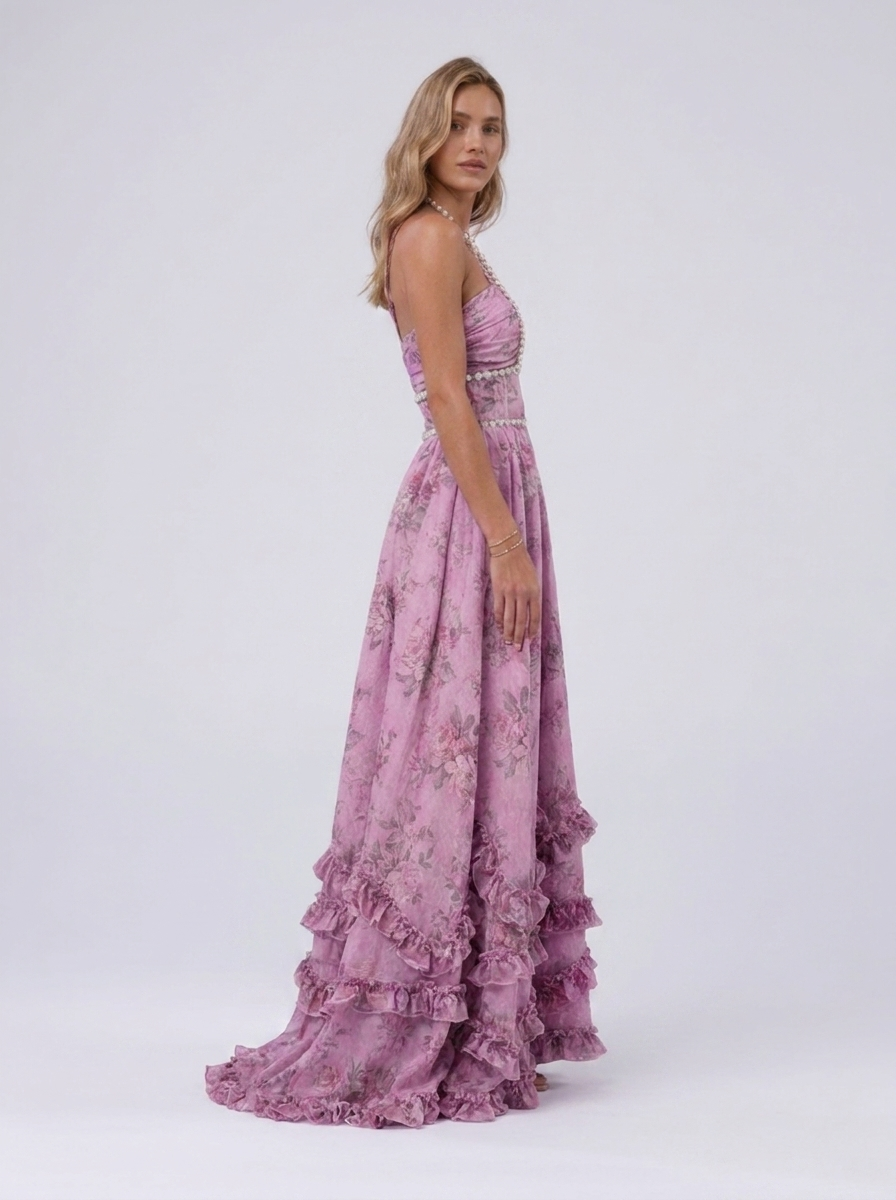 Pearl-trim floral maxi dress with side slit, view 32