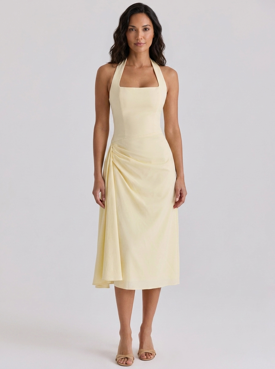 Ruched halter midi dress with front split, view 4