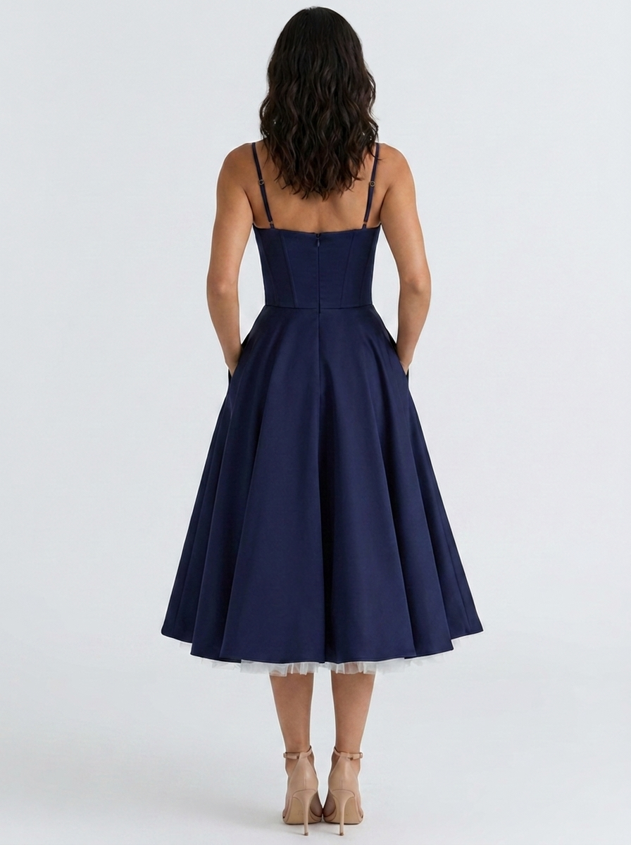 Satin corset midi dress with tulle petticoat, view 18