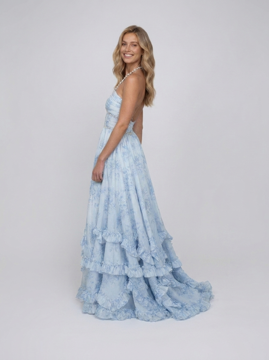 Pearl-trim floral maxi dress with side slit, view 2