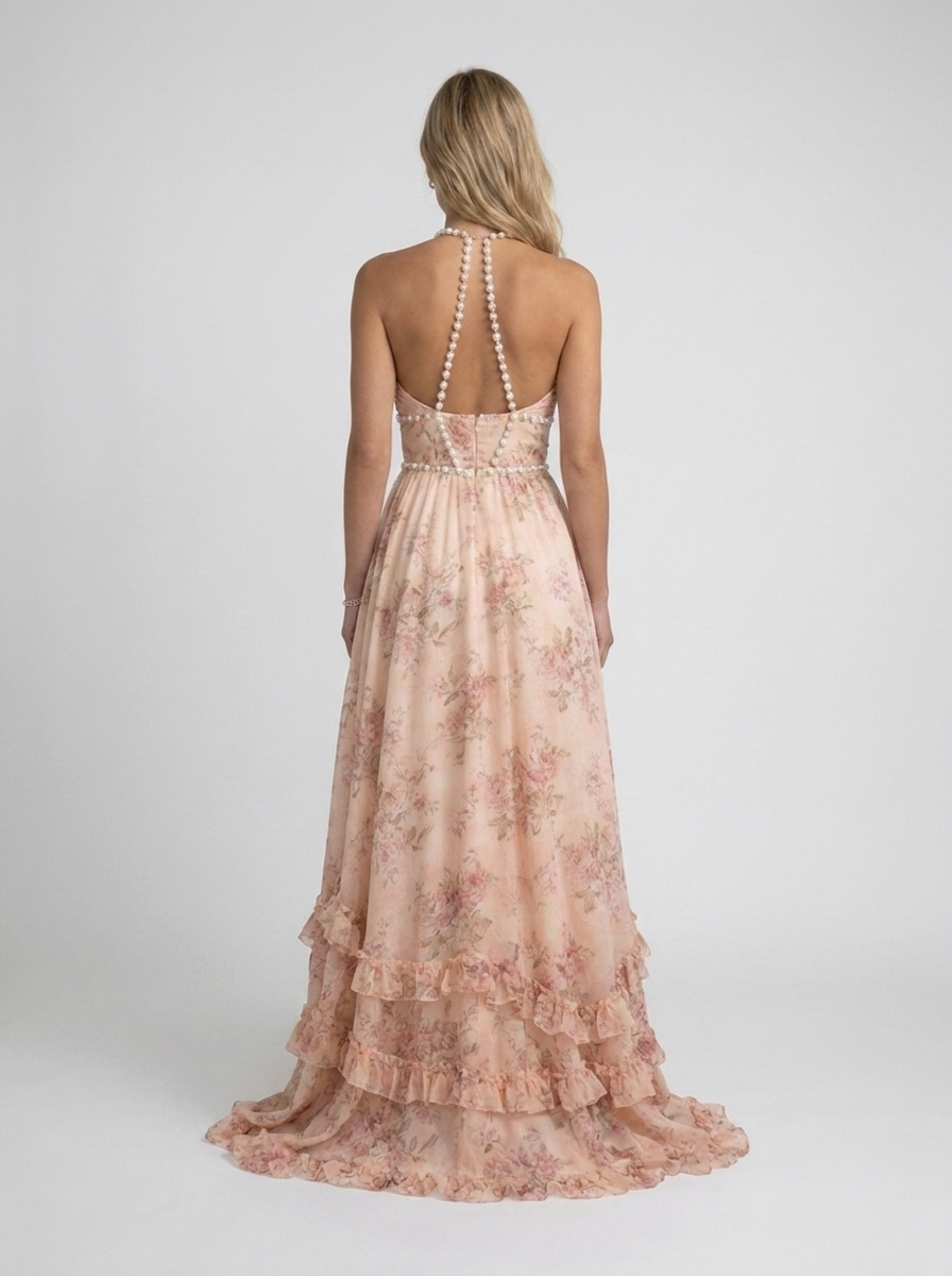 Pearl-trim floral maxi dress with side slit, view 30