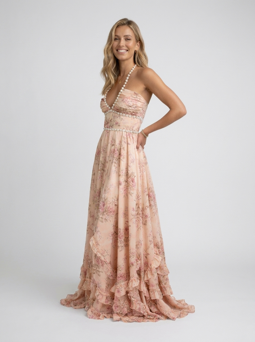 Pearl-trim floral maxi dress with side slit, view 28