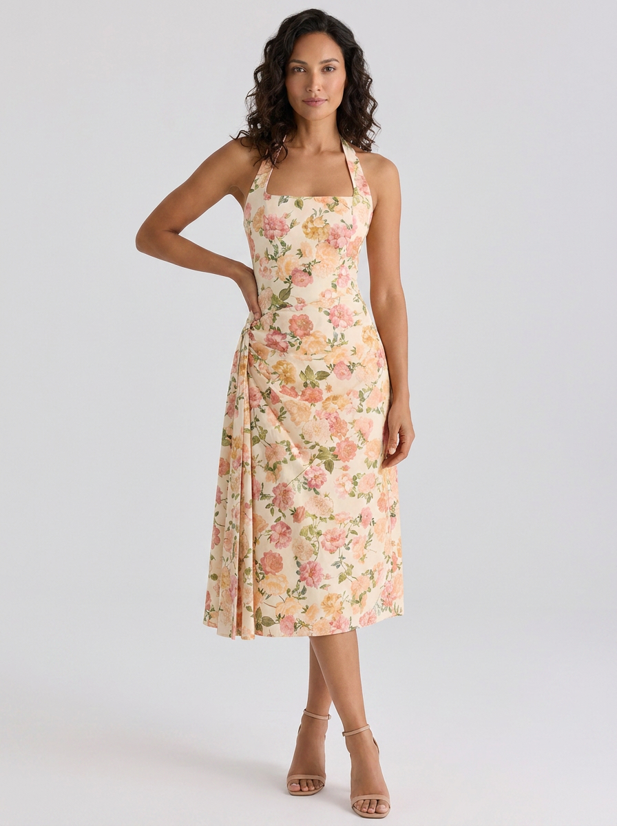 Ruched halter midi dress with front split, view 10