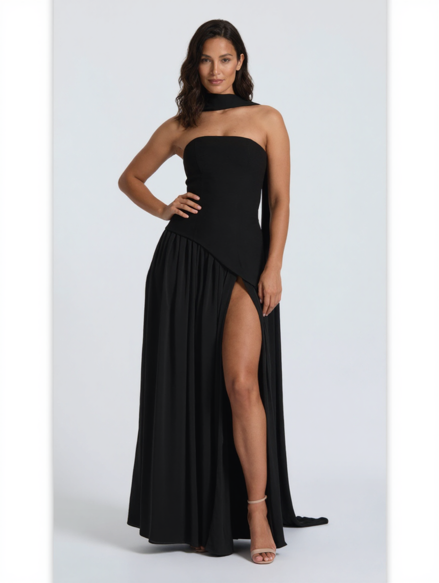 Strapless draped maxi dress with side slit, view 25
