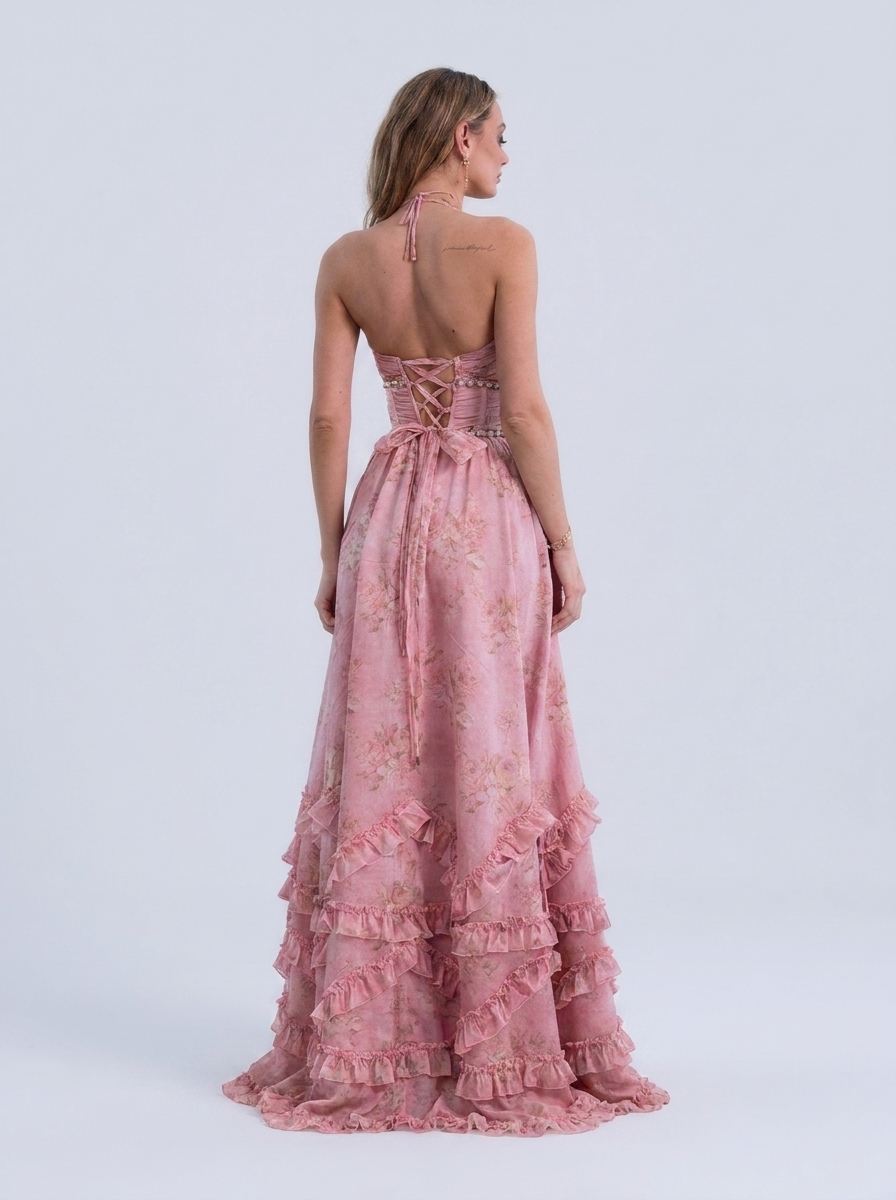 Pearl-trim floral maxi dress with side slit, view 12