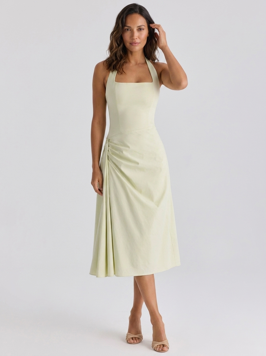 Ruched halter midi dress with front split, view 7