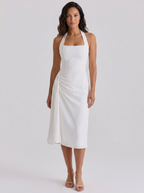 Ruched halter midi dress with front split, view 3