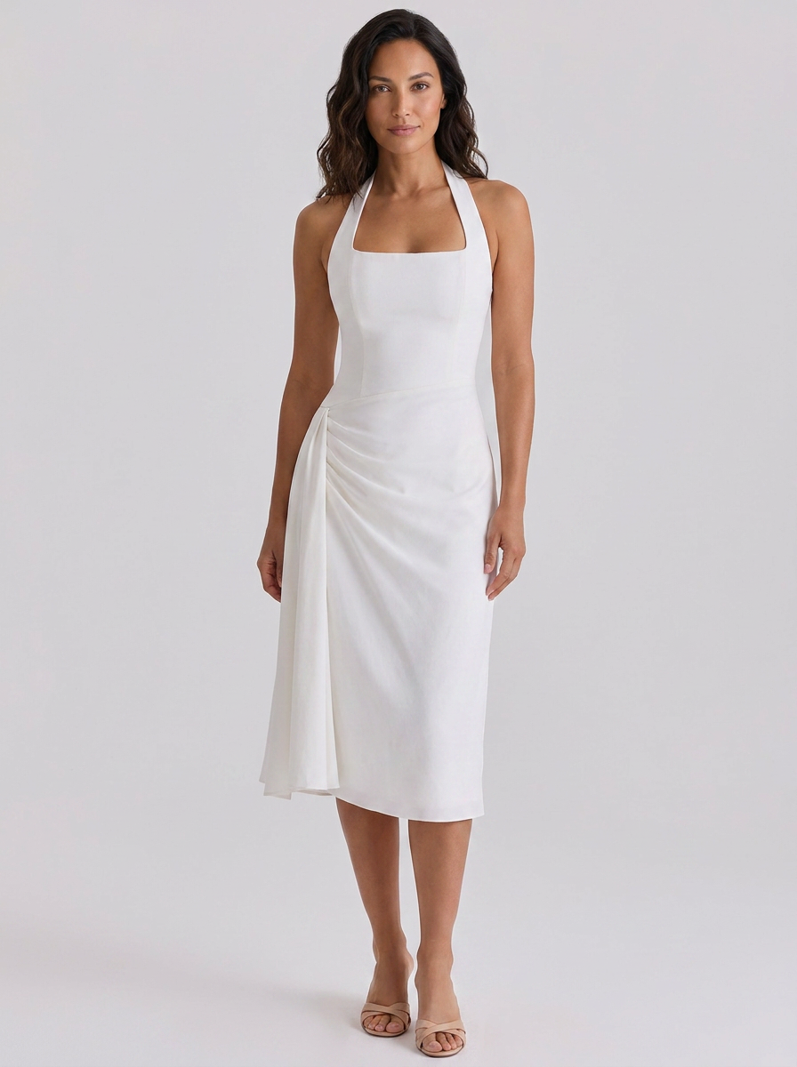 Ruched halter midi dress with front split, view 3