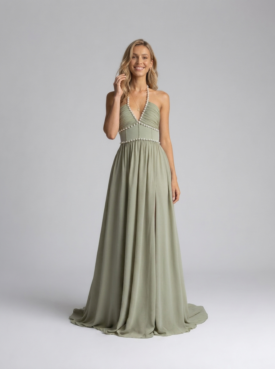 Pearl-trim floral maxi dress with side slit, view 16