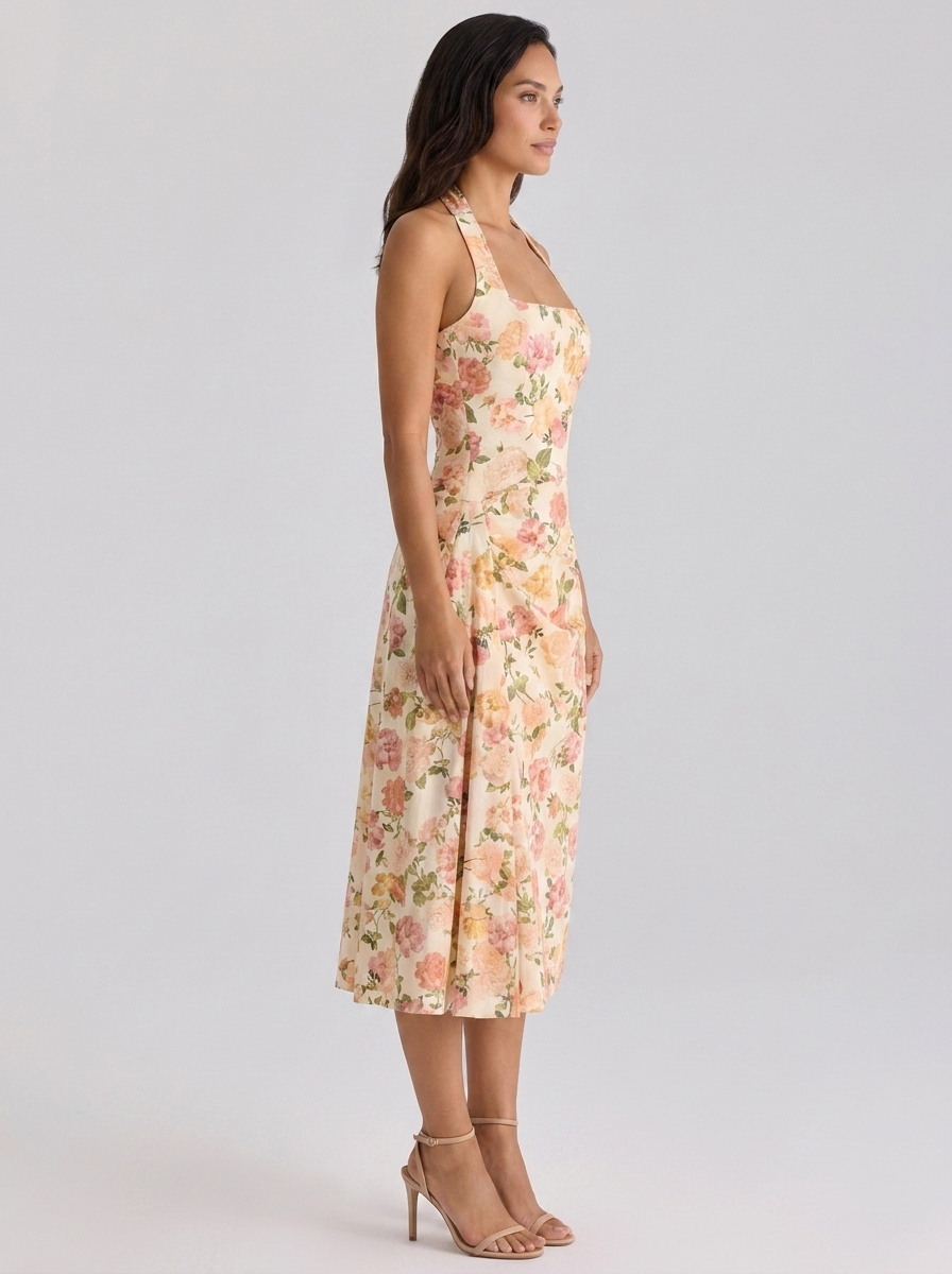 Ruched halter midi dress with front split, view 11