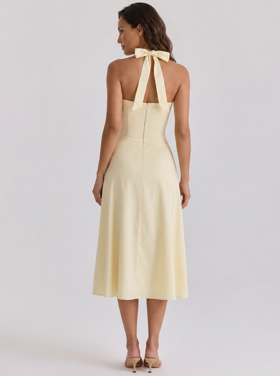 Ruched halter midi dress with front split, view 6