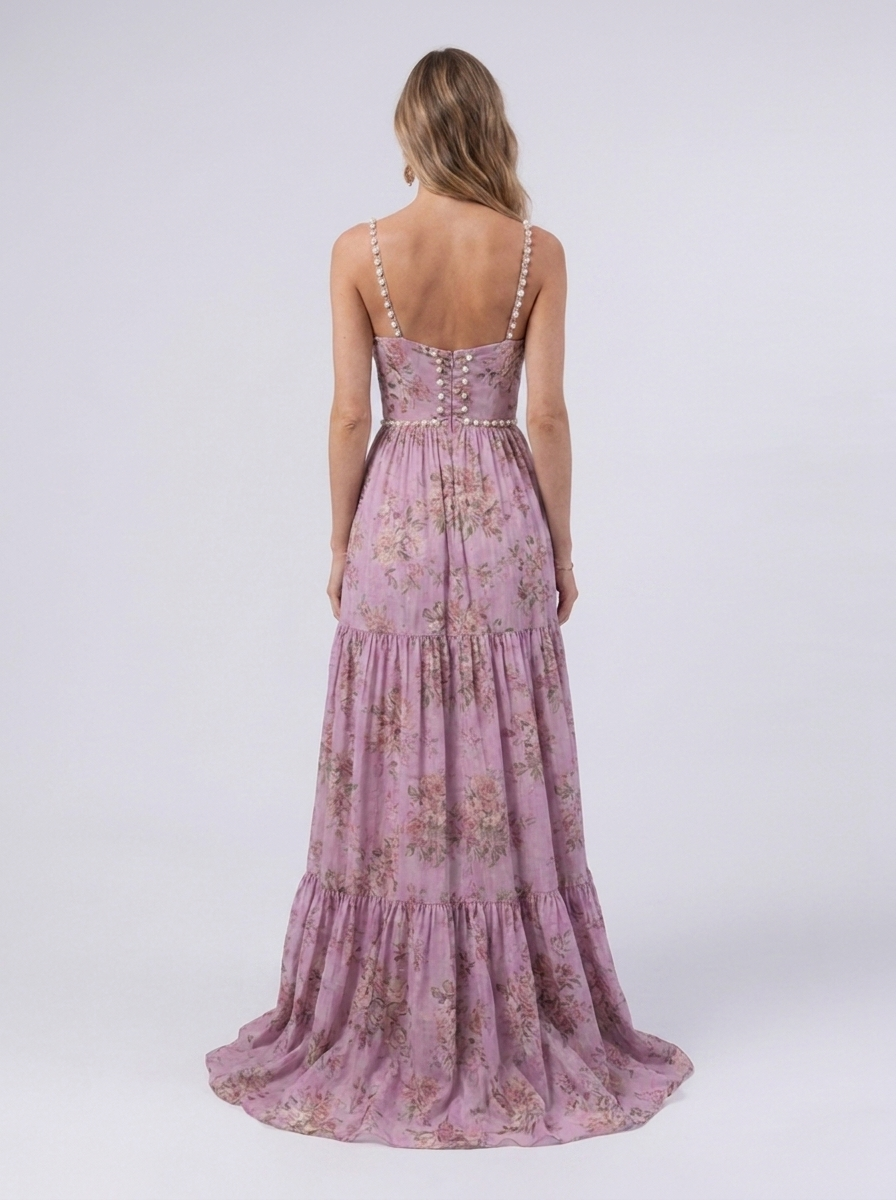 Pearl-trim floral maxi dress with side slit, view 36