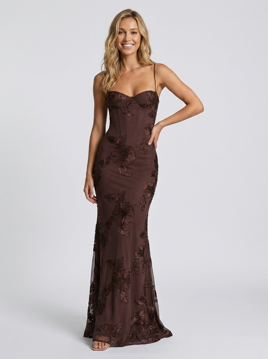Floral appliqué mesh corset maxi dress, view 10