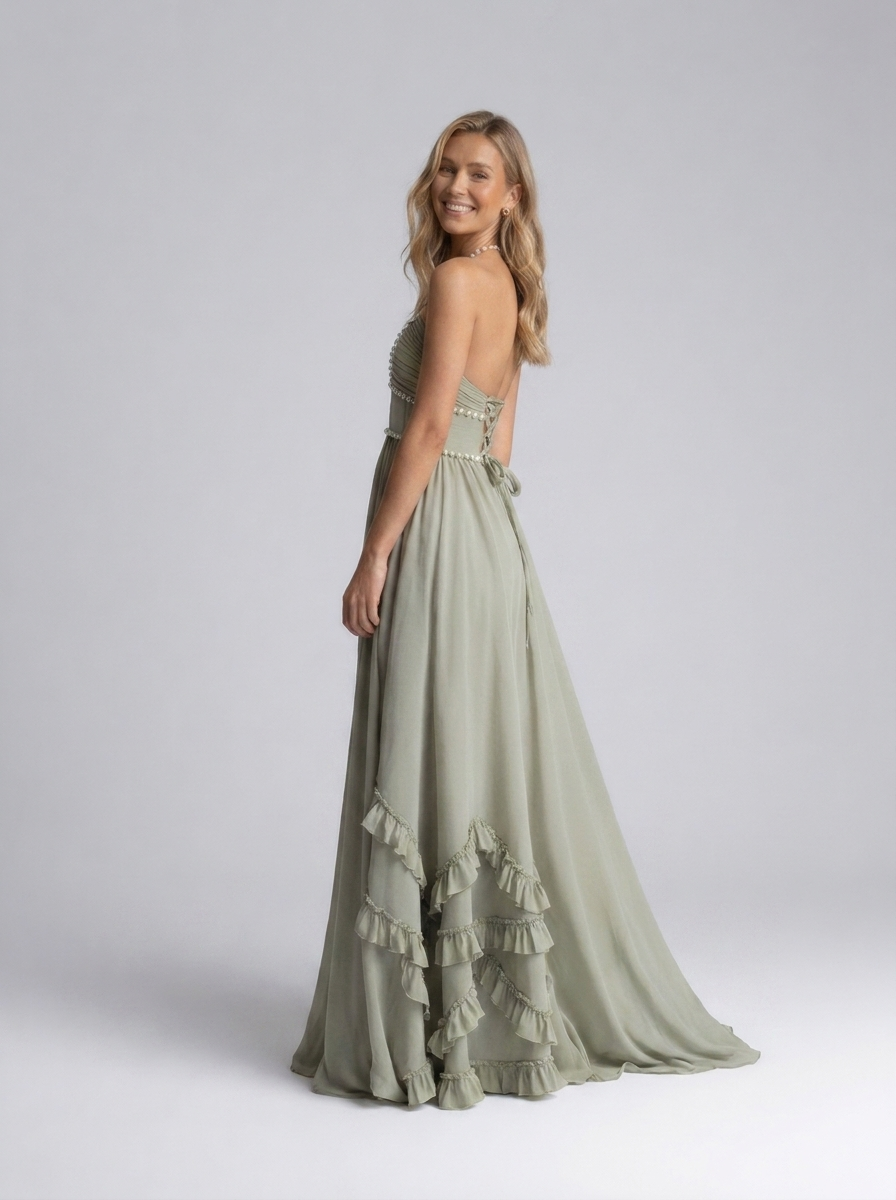 Pearl-trim floral maxi dress with side slit, view 17