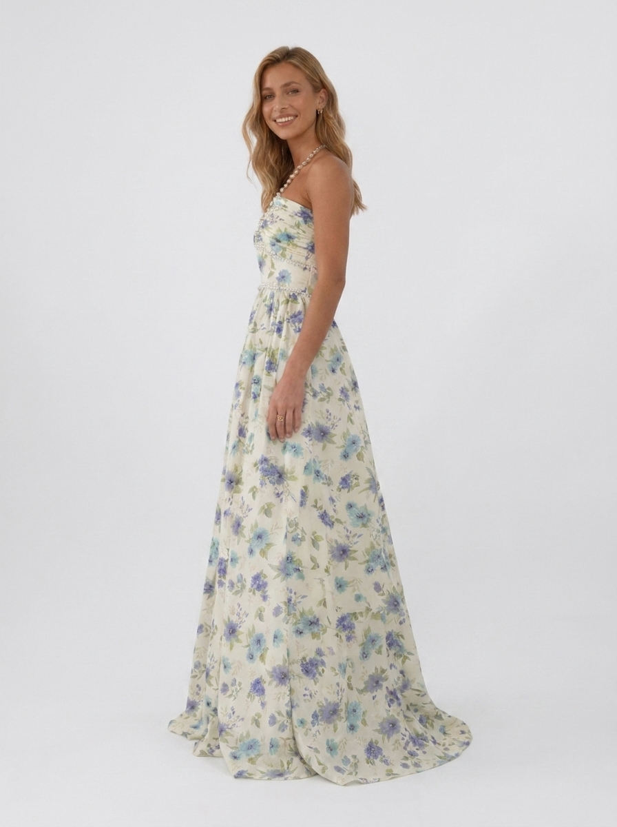 Pearl-trim floral maxi dress with side slit, view 26