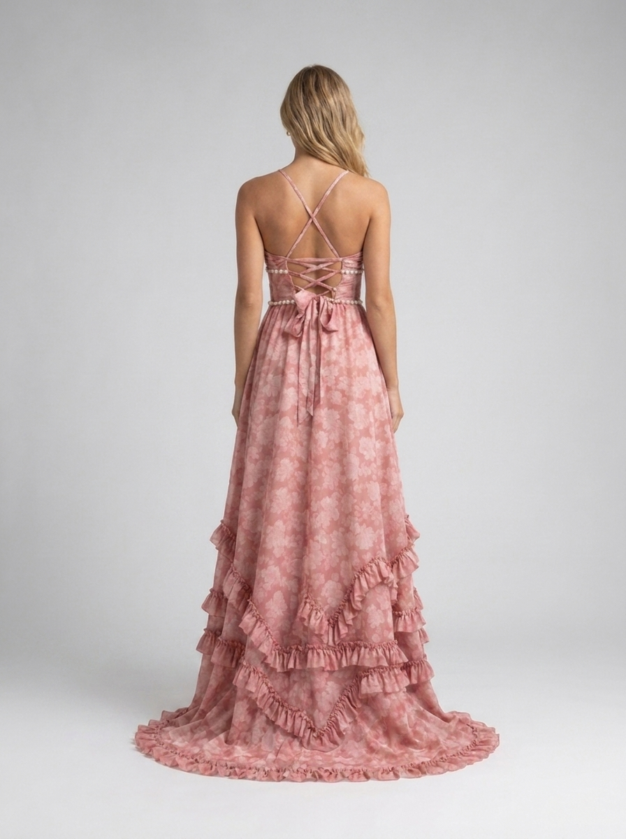 Pearl-trim floral maxi dress with side slit, view 21