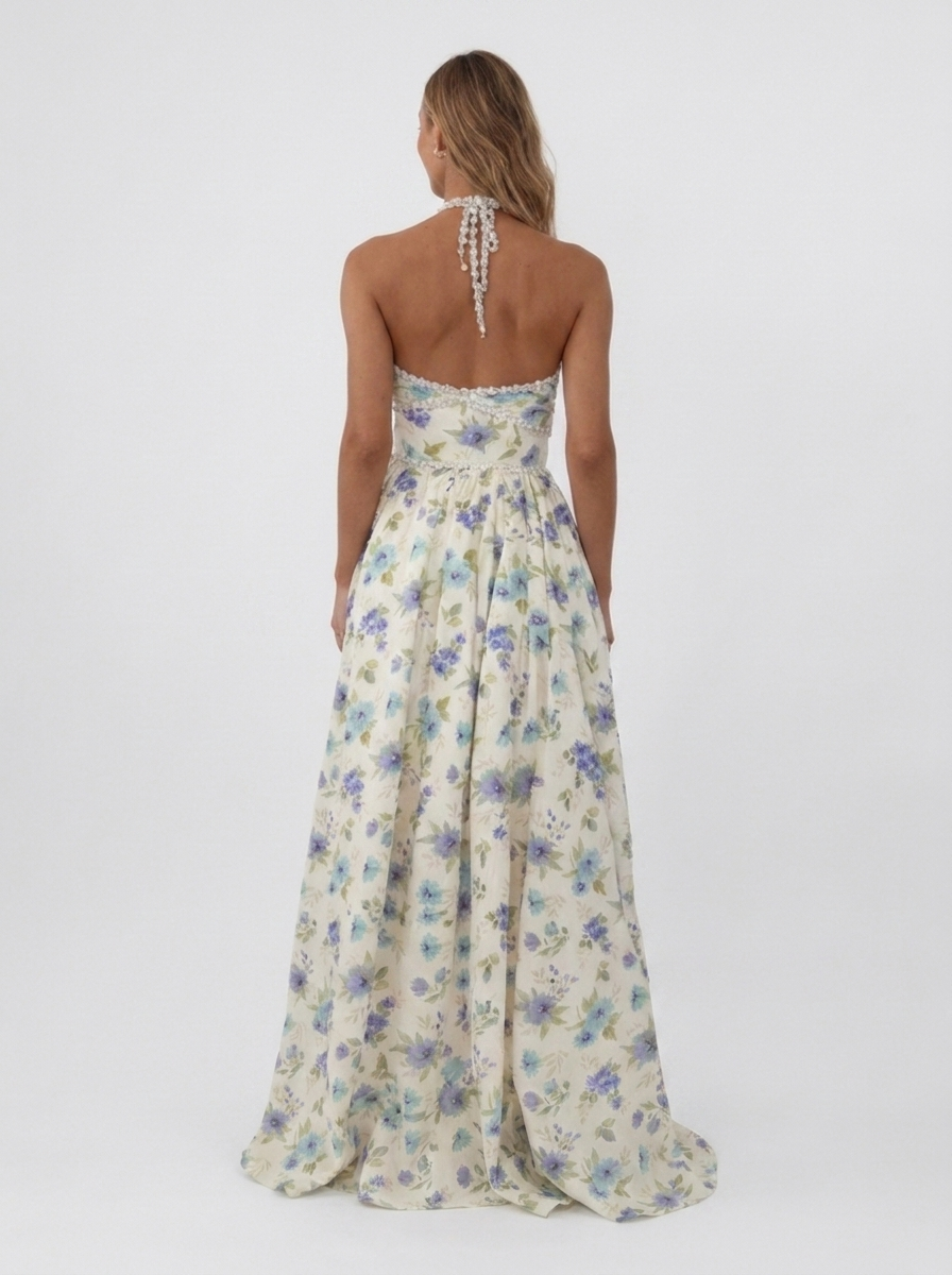 Pearl-trim floral maxi dress with side slit, view 27