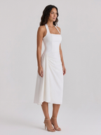 Ruched halter midi dress with front split, view 2