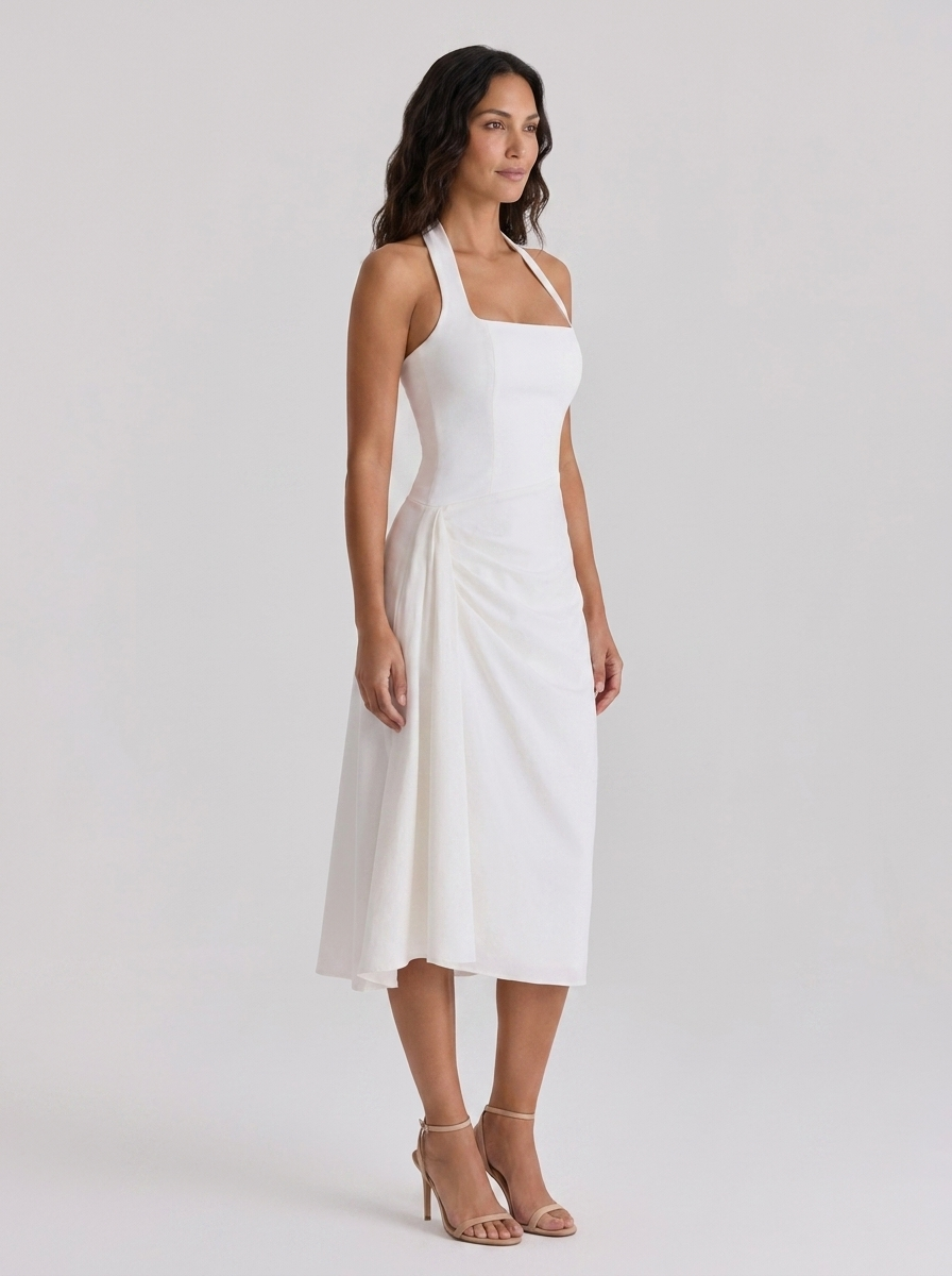 Ruched halter midi dress with front split, view 2