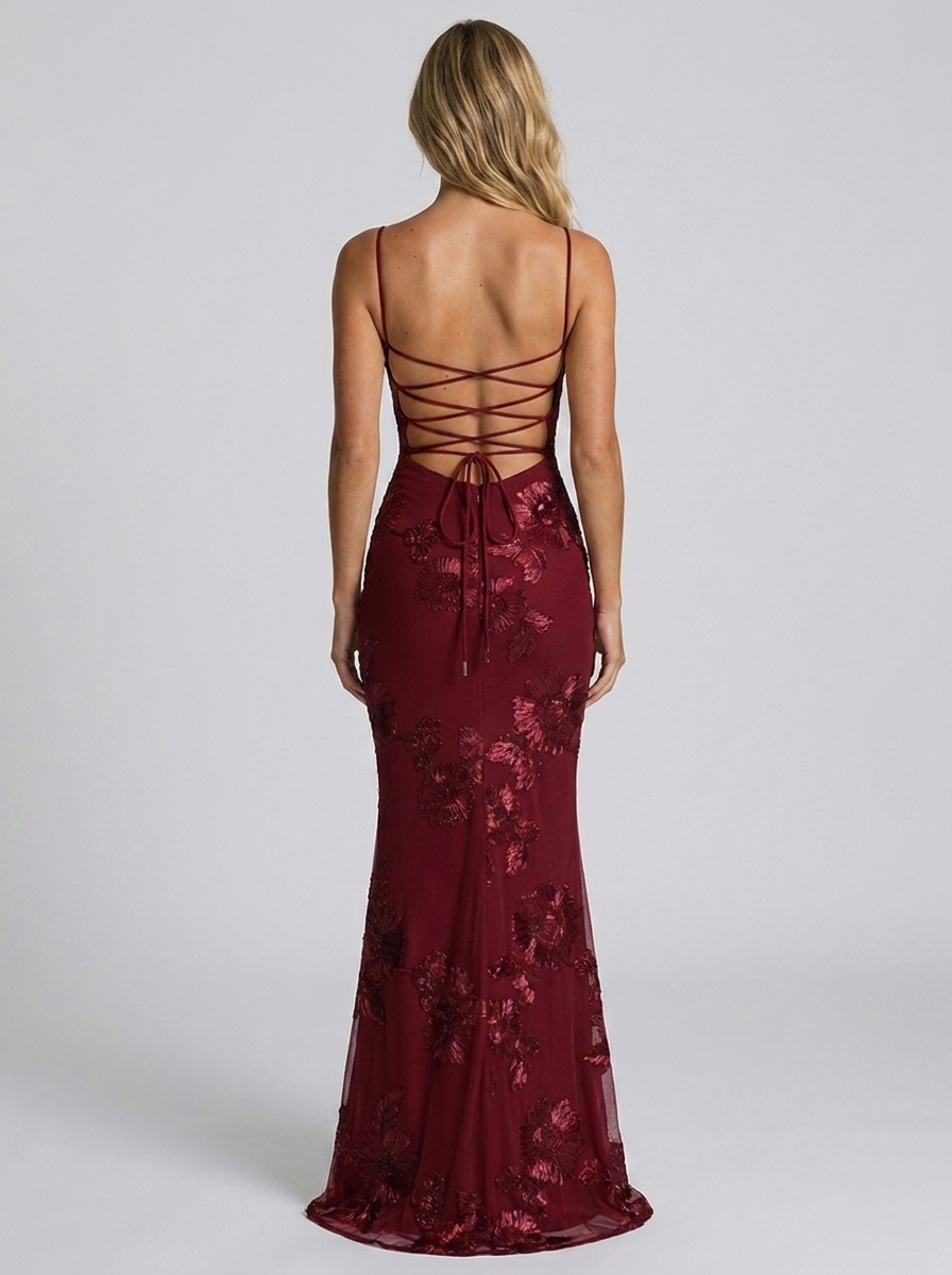 Floral appliqué mesh corset maxi dress, view 9