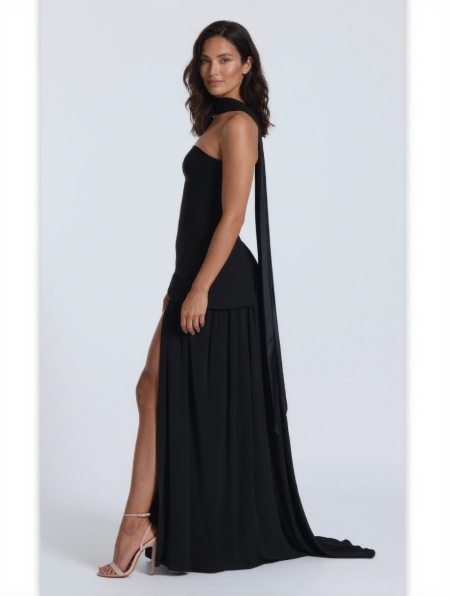 Strapless draped maxi dress with side slit, view 26