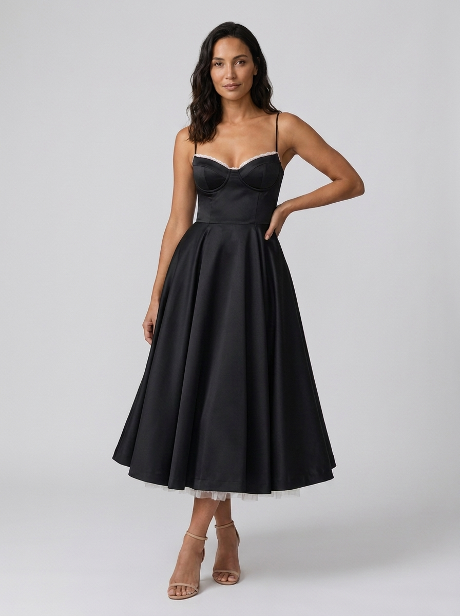 Satin corset midi dress with tulle petticoat, view 10