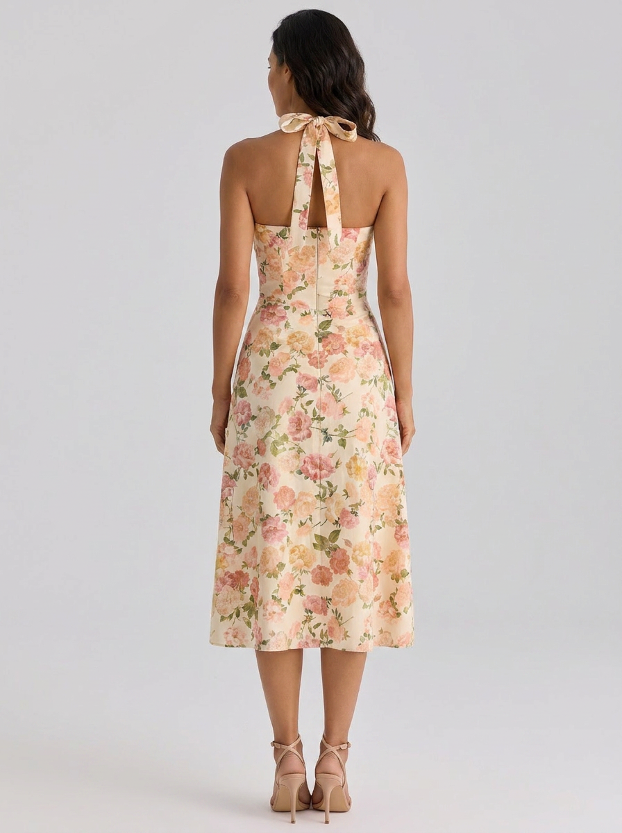 Ruched halter midi dress with front split, view 12