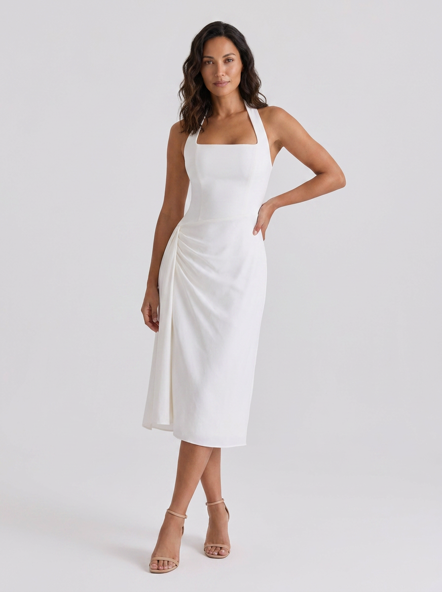 Ruched halter midi dress with front split