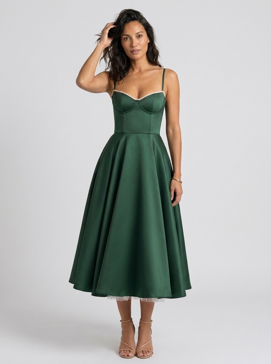 Satin corset midi dress with tulle petticoat, view 25