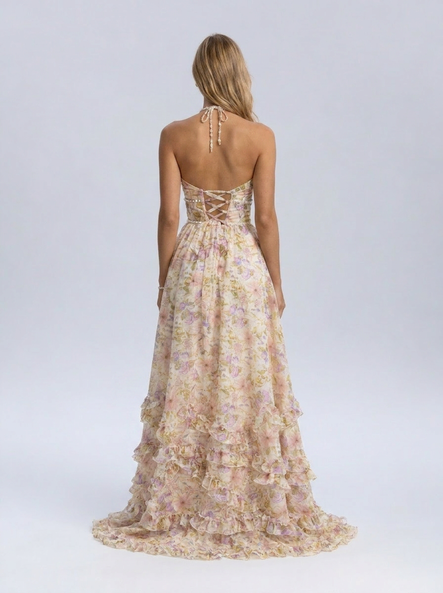 Pearl-trim floral maxi dress with side slit, view 15