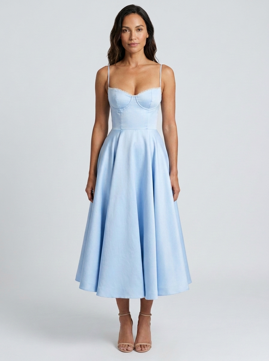 Satin corset midi dress with tulle petticoat, view 4