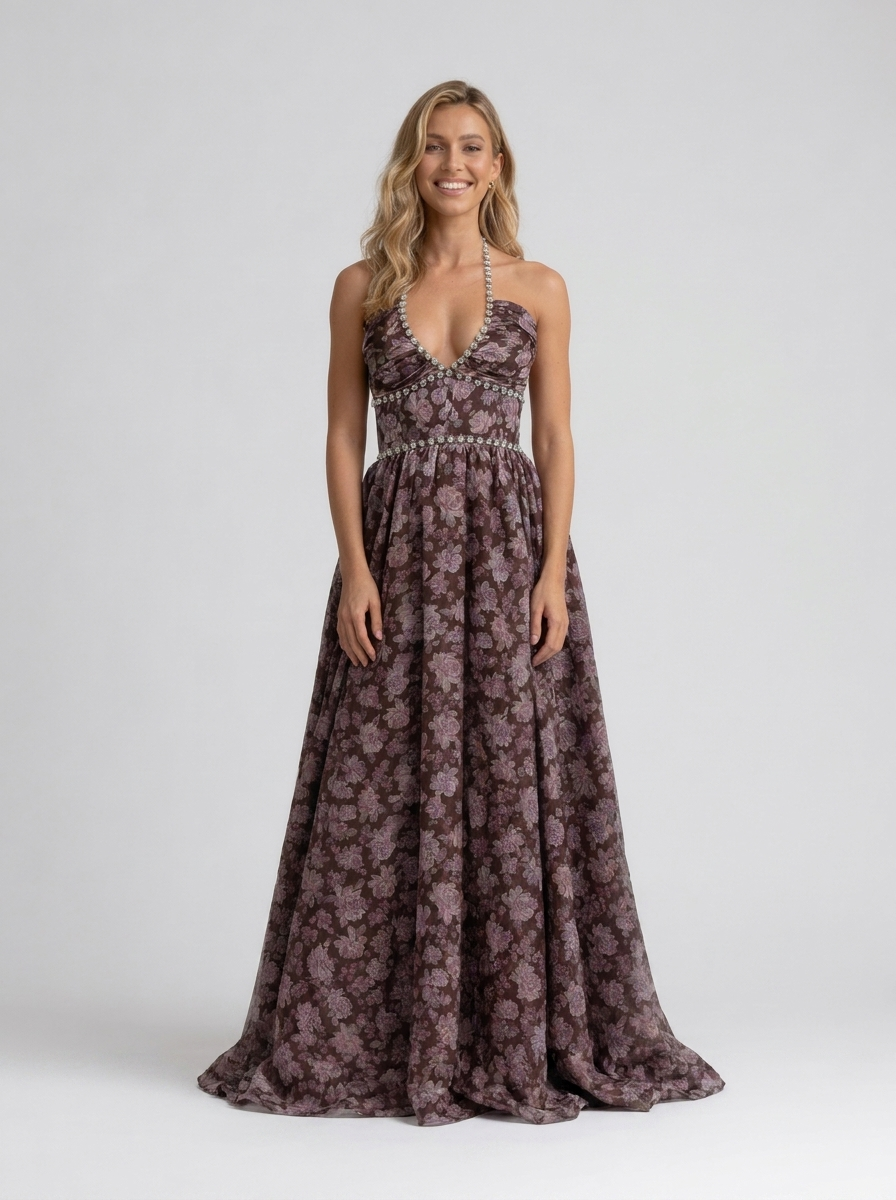 Pearl-trim floral maxi dress with side slit, view 22