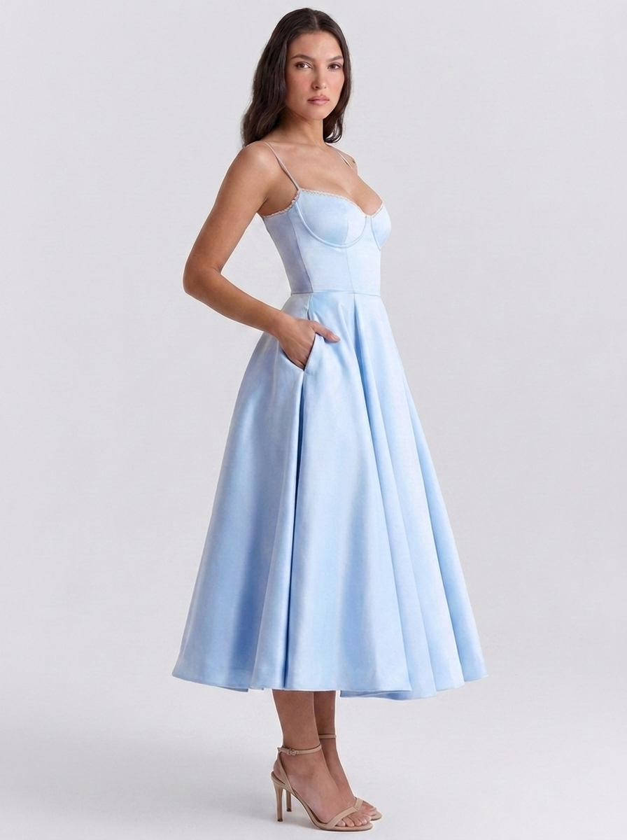 Satin corset midi dress with tulle petticoat, view 5