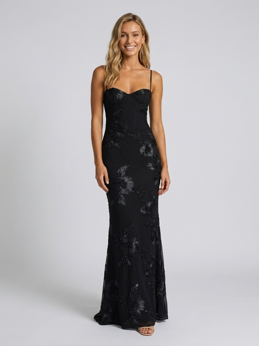 Floral appliqué mesh corset maxi dress, view 4