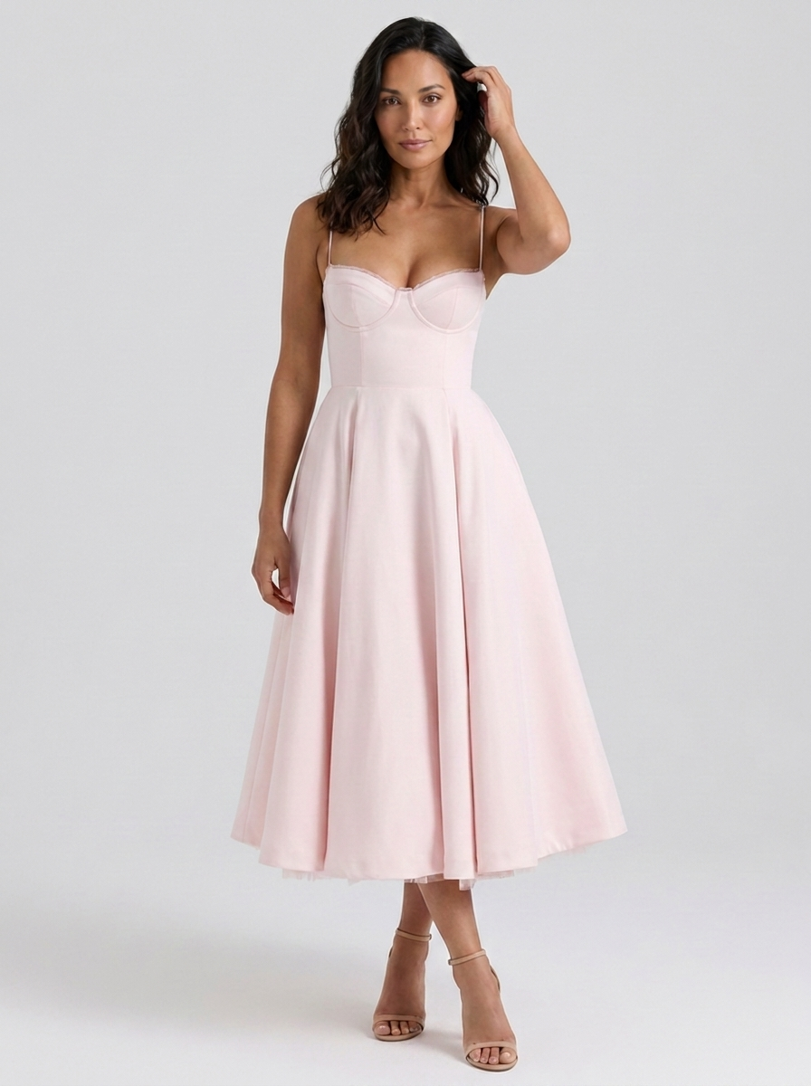Satin corset midi dress with tulle petticoat, view 7