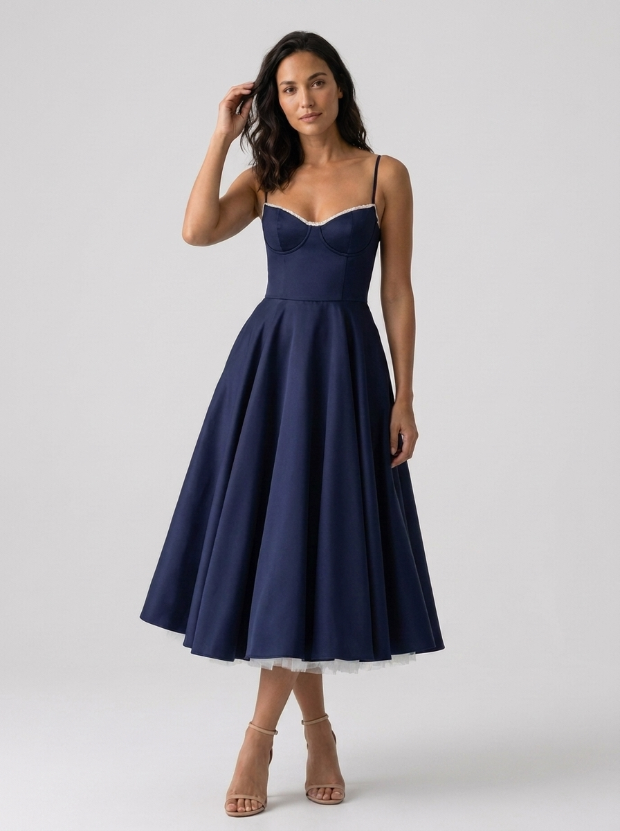 Satin corset midi dress with tulle petticoat, view 16