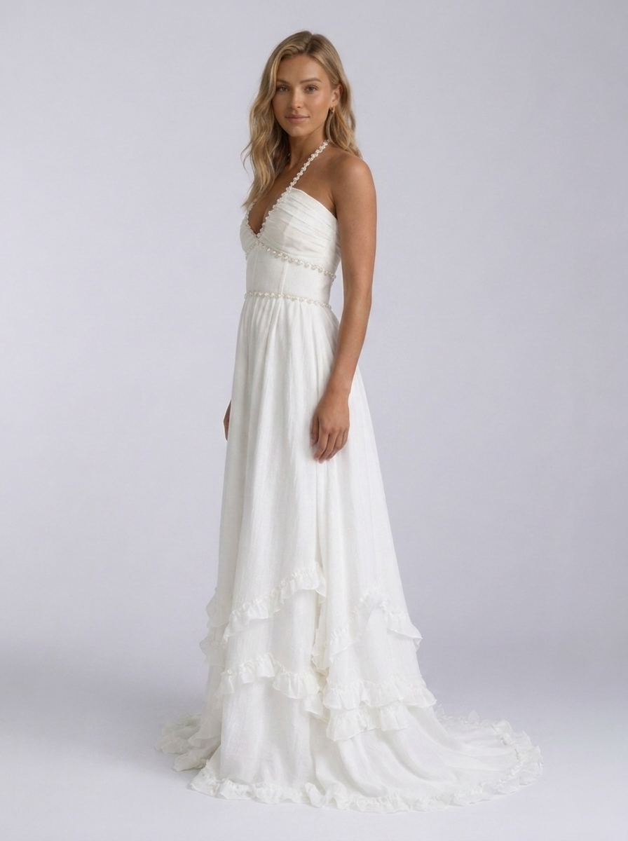 Pearl-trim floral maxi dress with side slit, view 5