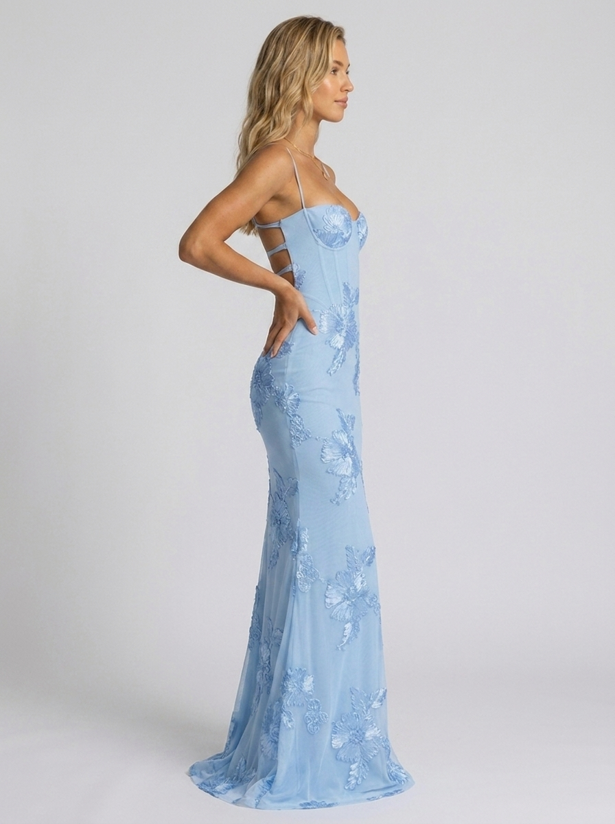 Floral appliqué mesh corset maxi dress, view 2